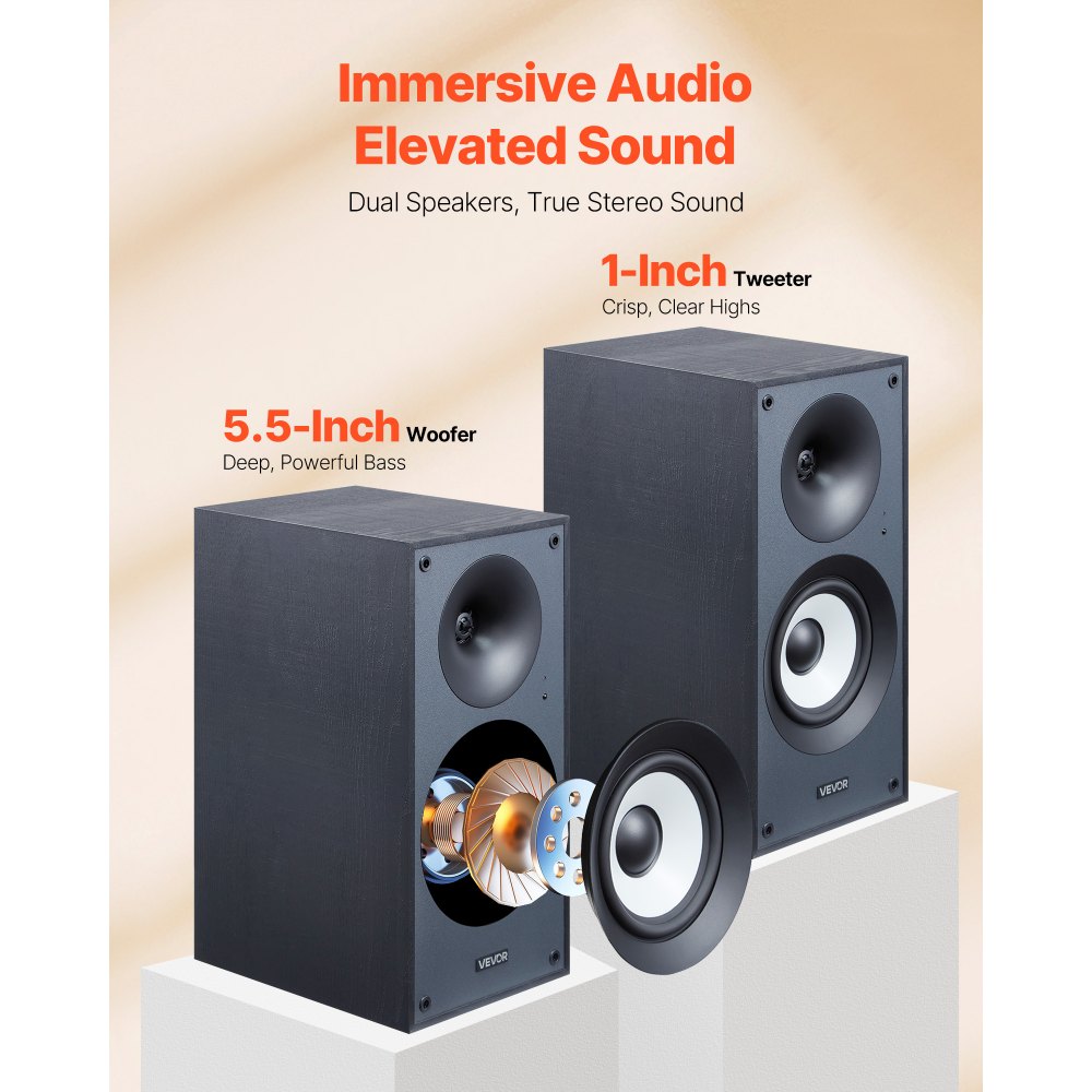 VEVOR Powered Bookshelf Speakers, 25W x 2, Active Studio Monitor Speaker with 5.5 Inch Woofer, Bluetooth/RCA/Coaxial/Optical/USB/Subwoofer Connection, Wooden Enclosure, for Record Player Turntable PC