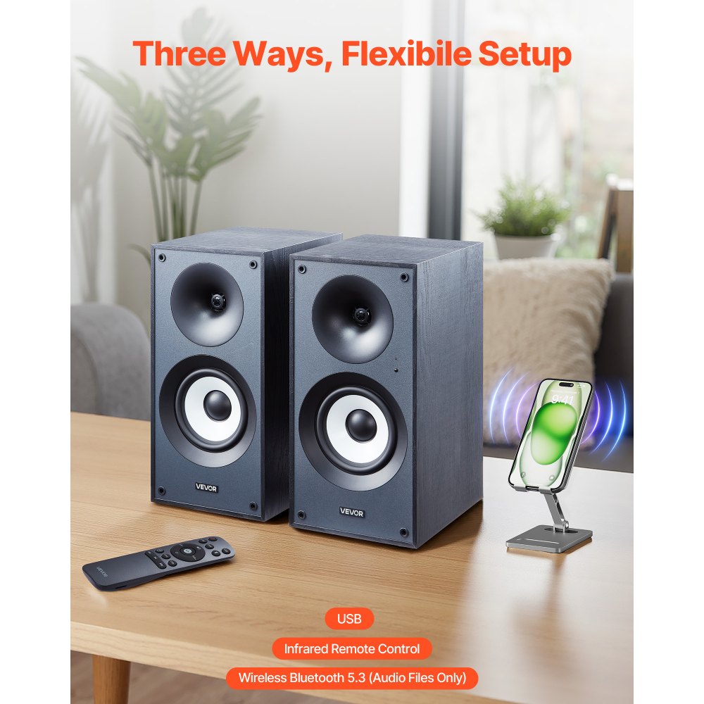 VEVOR Powered Bookshelf Speakers, 25W x 2, Active Studio Monitor Speaker with 5.5 Inch Woofer, Bluetooth/RCA/Coaxial/Optical/USB/Subwoofer Connection, Wooden Enclosure, for Record Player Turntable PC