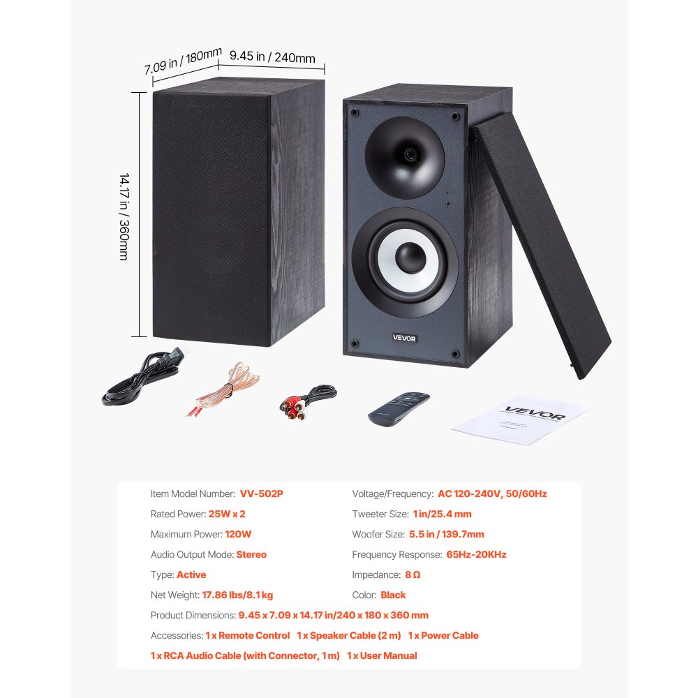 VEVOR Powered Bookshelf Speakers, 25W x 2, Active Studio Monitor Speaker with 5.5 Inch Woofer, Bluetooth/RCA/Coaxial/Optical/USB/Subwoofer Connection, Wooden Enclosure, for Record Player Turntable PC
