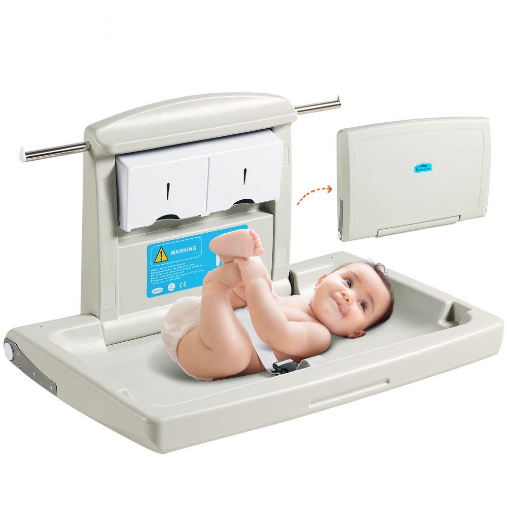 VEVOR Wall-Mounted Baby Changing Station, Horizontal Foldable Diaper Change Table with Safety Straps and Hanging Rods, Use in Commercial Bathrooms,  Daycare Centers for Newborns & Infant