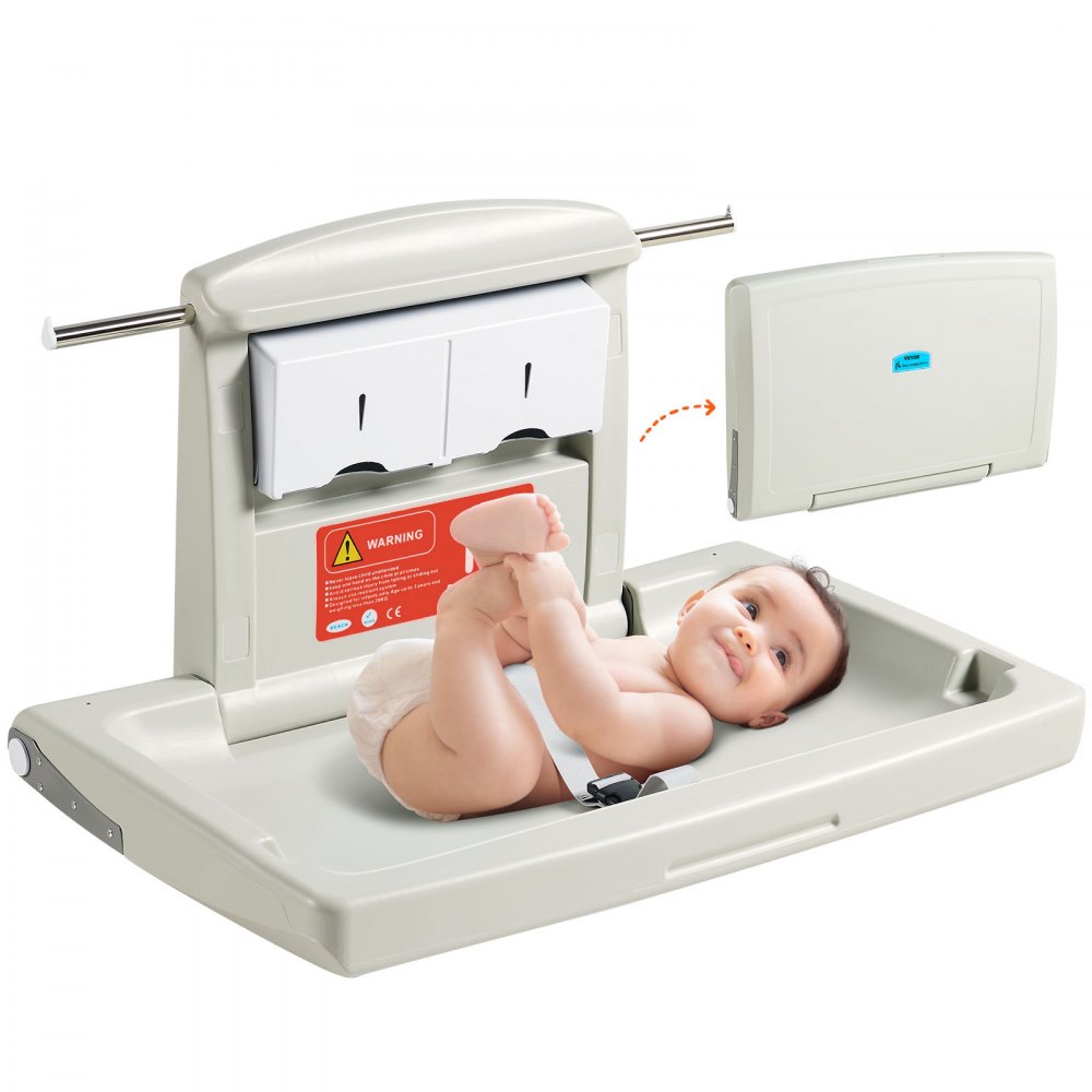 VEVOR Wall-Mounted Baby Changing Station, Horizontal Foldable Diaper Change Table with Safety Straps and Hanging Rods, Use in Commercial Bathrooms,  Daycare Centers for Newborns & Infant