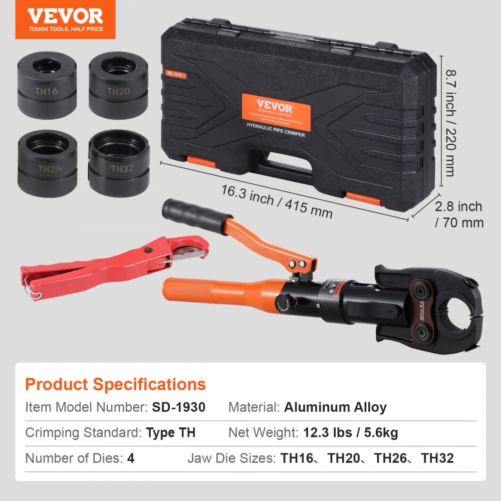VEVOR Copper Tube Fittings Hydraulic Pipe Crimping Tool, Pressing Plier with TH16, TH20, TH26, TH32 Quick Change Jaws, 360° Rotatable Press Kit for Confined Spaces Tee Fittings Hydraulically Driven
