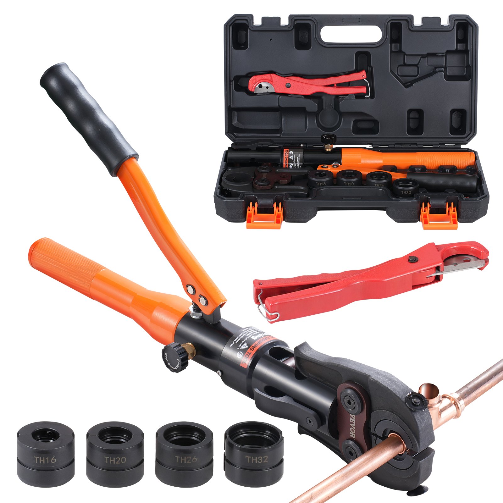 VEVOR Copper Tube Fittings Hydraulic Pipe Crimping Tool, Pressing Plier with TH16, TH20, TH26, TH32 Quick Change Jaws, 360° Rotatable Press Kit for Confined Spaces Tee Fittings Hydraulically Driven