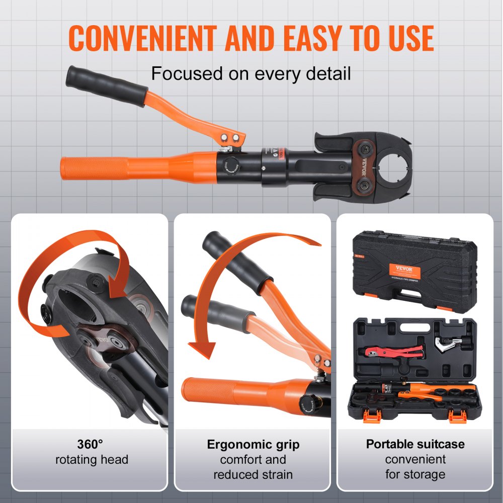 VEVOR Copper Tube Fittings Hydraulic Pipe Crimping Tool, Pressing Plier with V12, V15, V18, V22, V28 Quick Change Jaws, 360° Rotatable Press Kit for Confined Spaces Tee Fittings Hydraulically Driven