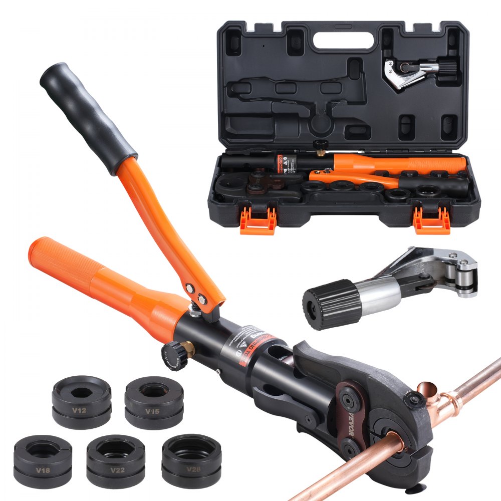 VEVOR Copper Tube Fittings Hydraulic Pipe Crimping Tool, Pressing Plier with V12, V15, V18, V22, V28 Quick Change Jaws, 360° Rotatable Press Kit for Confined Spaces Tee Fittings Hydraulically Driven