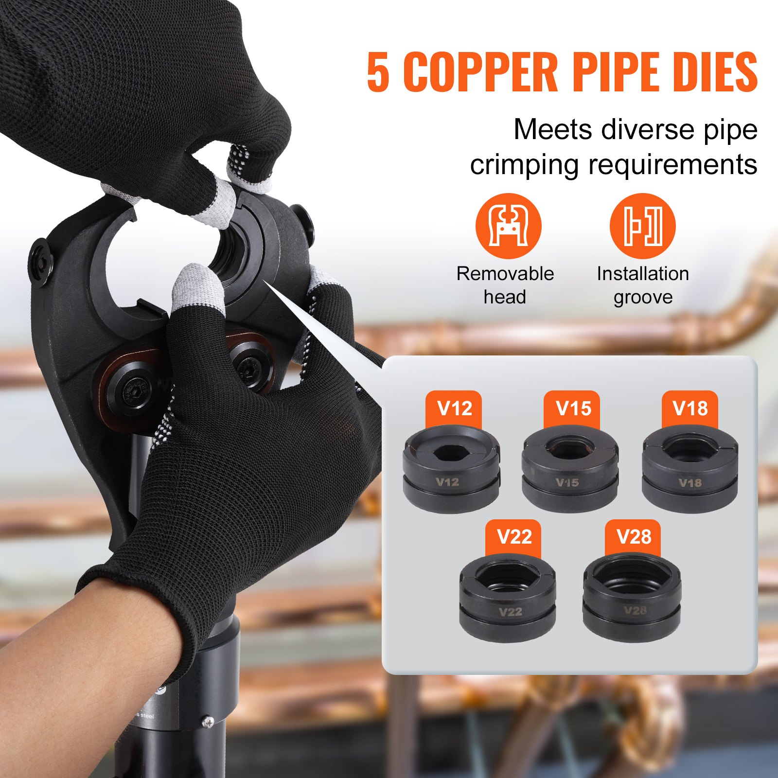 VEVOR Copper Tube Fittings Hydraulic Pipe Crimping Tool, Pressing Plier with V12, V15, V18, V22, V28 Quick Change Jaws, 360° Rotatable Press Kit for Confined Spaces Tee Fittings Hydraulically Driven