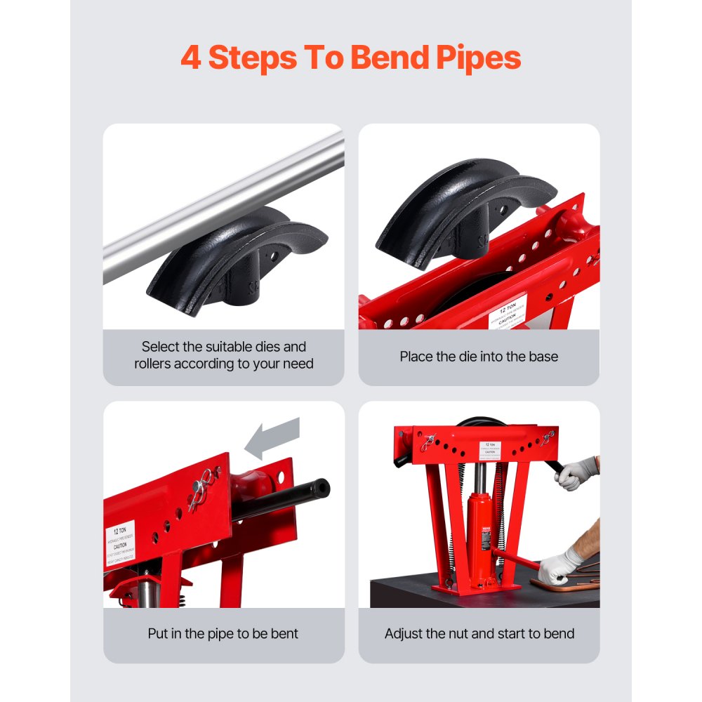 VEVOR Hydraulic Pipe Bender, 12 Ton Manual Copper Exhaust Pipe Bending Machine with 6 Dies (1/2" - 2") and 90 - 180° Adjustable Rollers, Heavy-Duty Pipe Tube Bender for Piping Railing Construction