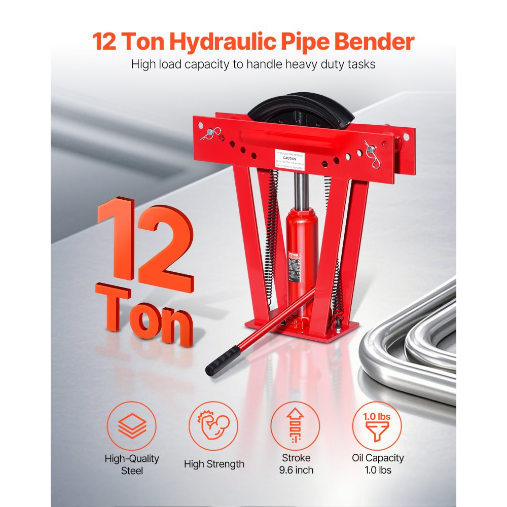 VEVOR Hydraulic Pipe Bender, 12 Ton Manual Copper Exhaust Pipe Bending Machine with 6 Dies (1/2" - 2") and 90 - 180° Adjustable Rollers, Heavy-Duty Pipe Tube Bender for Piping Railing Construction