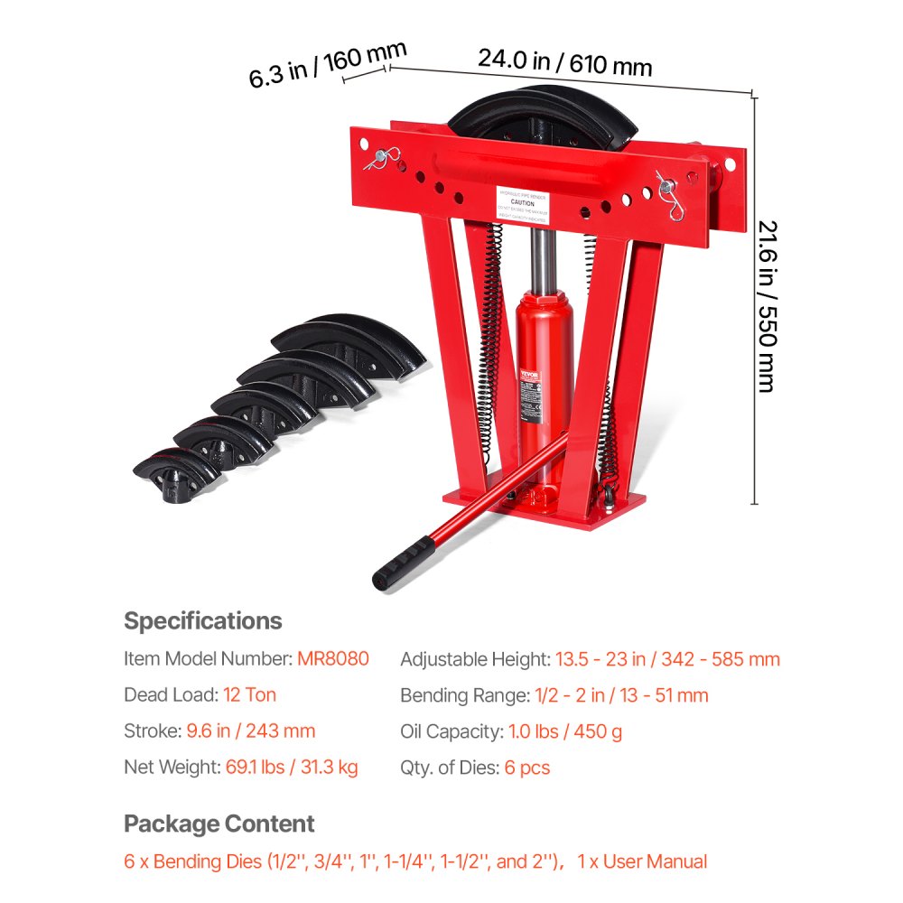VEVOR Hydraulic Pipe Bender, 12 Ton Manual Copper Exhaust Pipe Bending Machine with 6 Dies (1/2" - 2") and 90 - 180° Adjustable Rollers, Heavy-Duty Pipe Tube Bender for Piping Railing Construction
