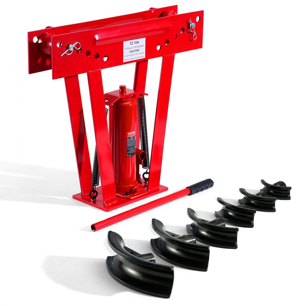 VEVOR Hydraulic Pipe Bender, 12 Ton Manual Copper Exhaust Pipe Bending Machine with 6 Dies (1/2" - 2") and 90 - 180° Adjustable Rollers, Heavy-Duty Pipe Tube Bender for Piping Railing Construction
