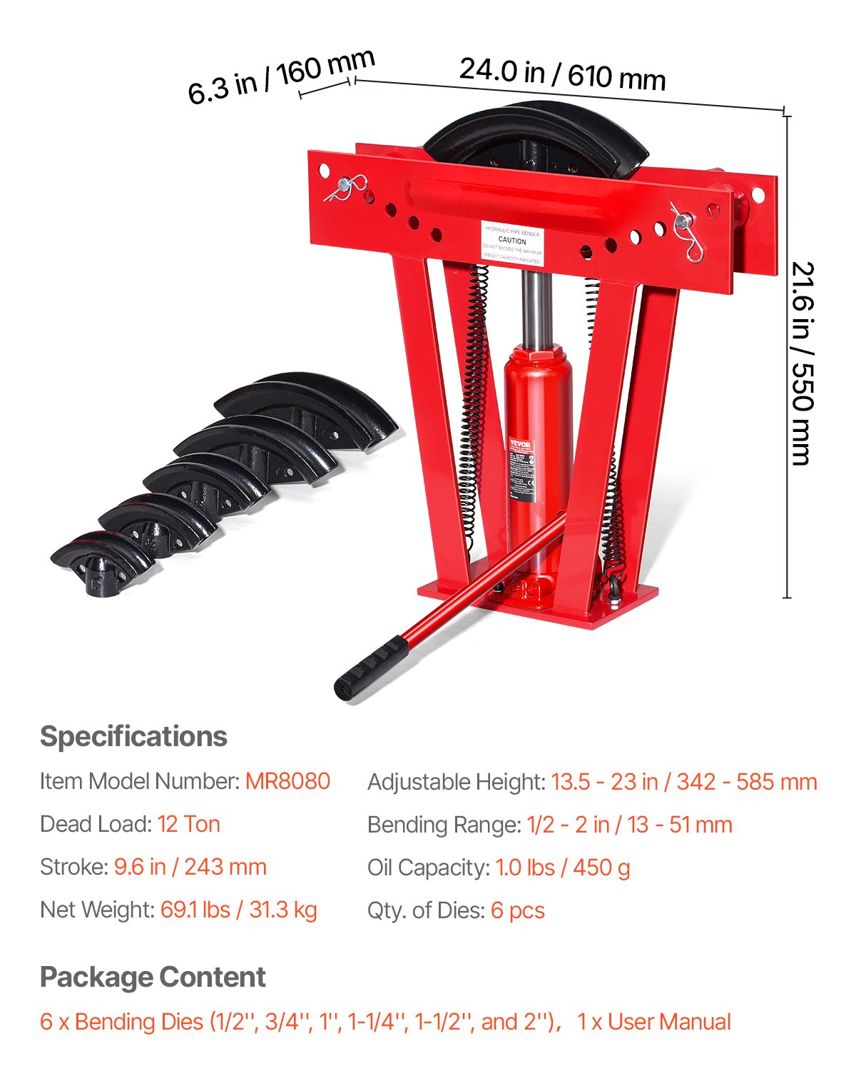 VEVOR Hydraulic Pipe Bender, 12 Ton Manual Copper Exhaust Pipe Bending Machine with 6 Dies (1/2" - 2") and 90 - 180° Adjustable Rollers, Heavy-Duty Pipe Tube Bender for Piping Railing Construction