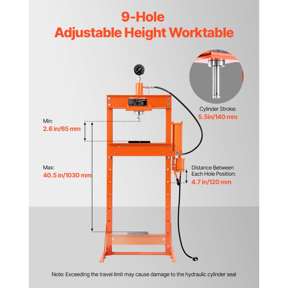 VEVOR Hydraulic Shop Press, 20 T H-Frame Pneumatic Shop Press with Press Plate, Stable Garage Floor Adjustable Hydraulic Press with Triangular Support, Fit for Bending, Straightening & Stamping