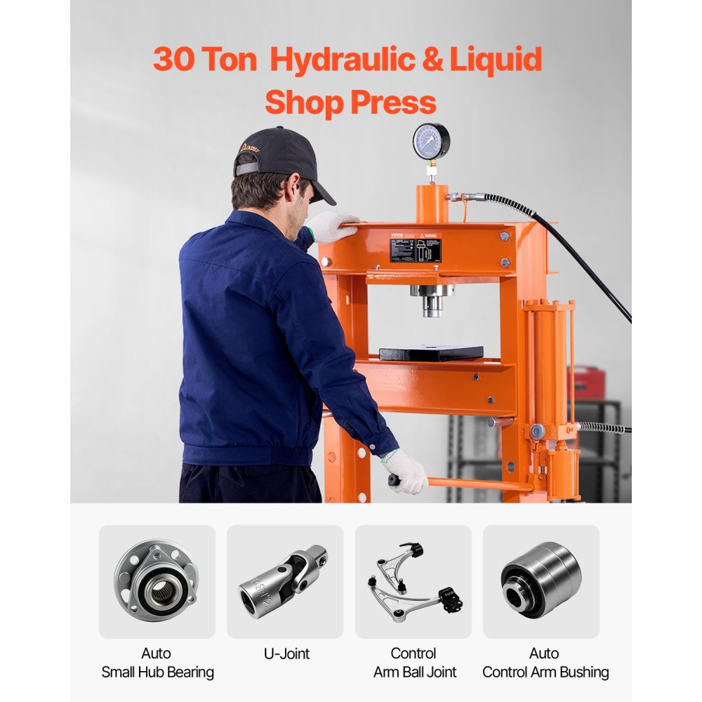 VEVOR Hydraulic Shop Press, 30 T H-Frame Pneumatic Shop Press with Press Plate & Triangular Support, Stable Garage Floor Adjustable Hydraulic Press with Relief Valve, Fit for Bending & Straightening