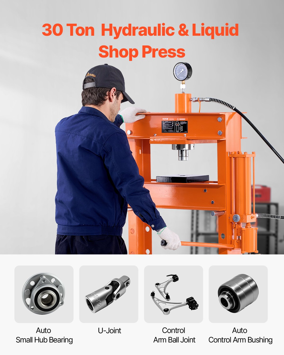 VEVOR Hydraulic Shop Press, 30 T H-Frame Pneumatic Shop Press with Press Plate & Triangular Support, Stable Garage Floor Adjustable Hydraulic Press with Relief Valve, Fit for Bending & Straightening