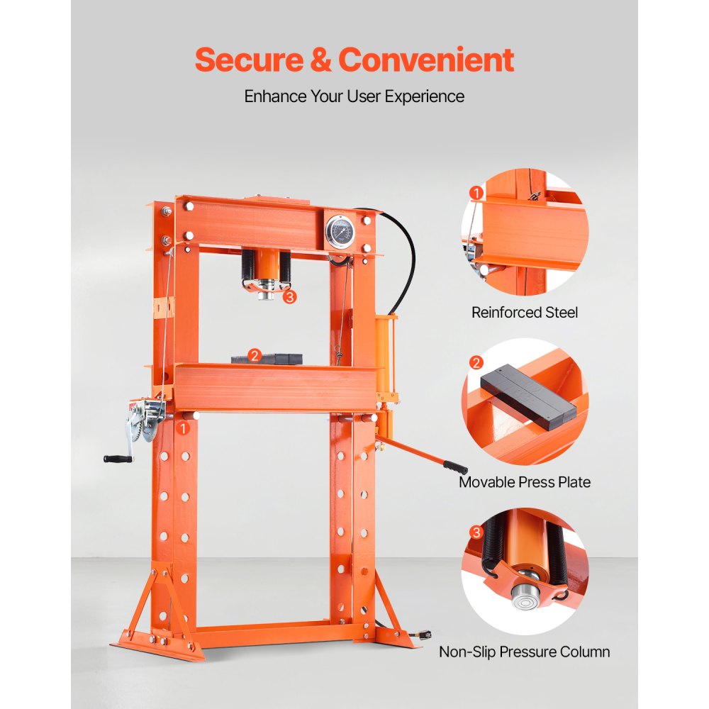 VEVOR Hydraulic Shop Press, 50 T H-Frame Pneumatic Shop Press with Press Plate & Triangular Support, Stable Garage Floor Adjustable Hydraulic Press with Relief Valve, Fit for Bending & Straightening