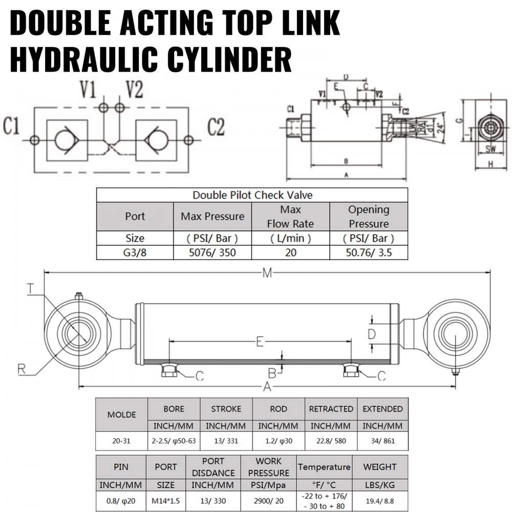 VEVOR Double Acting Hydraulic Top Link Cylinder 2.5" Bore 13" Stroke Check Valve