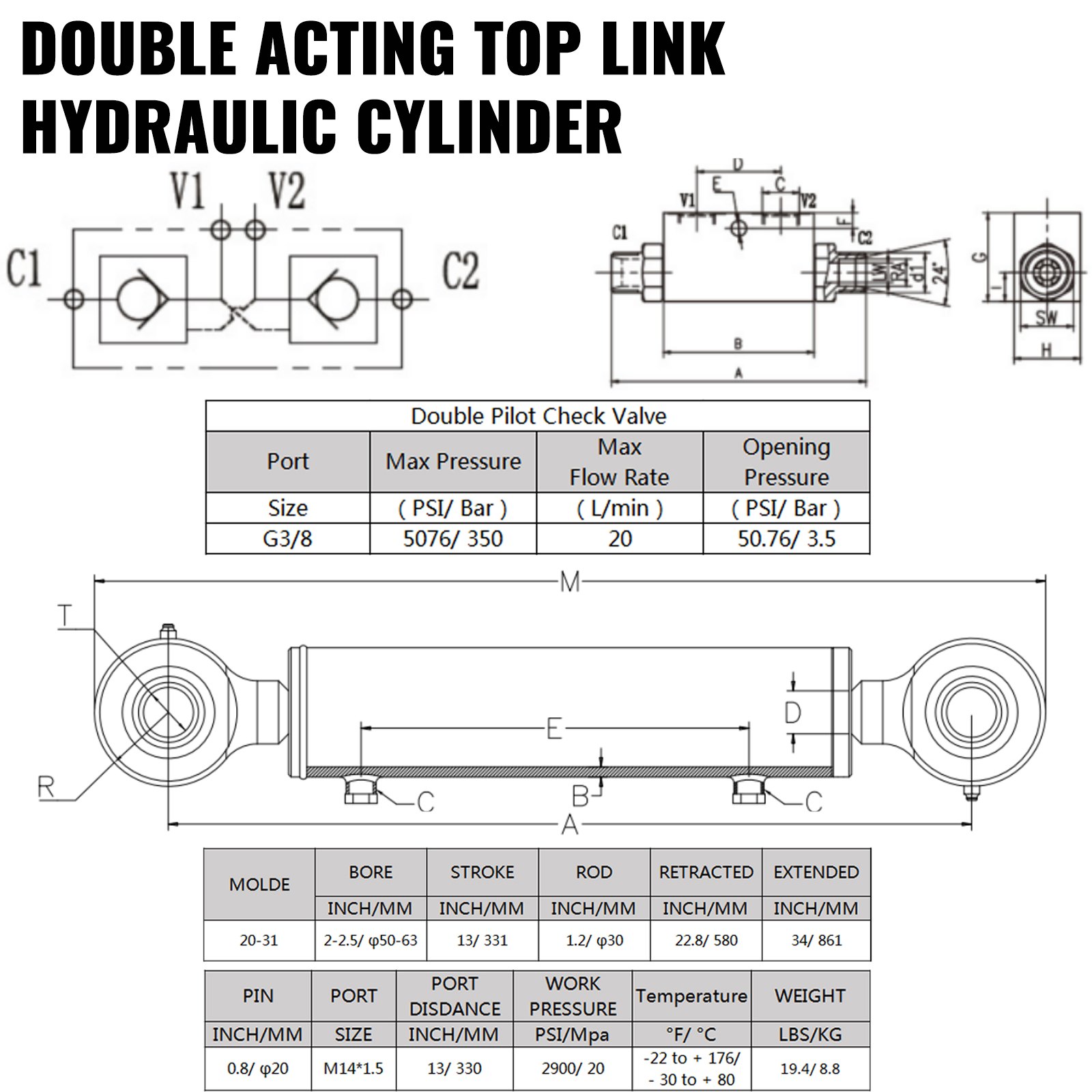VEVOR Double Acting Hydraulic Top Link Cylinder 2.5" Bore 13" Stroke Check Valve