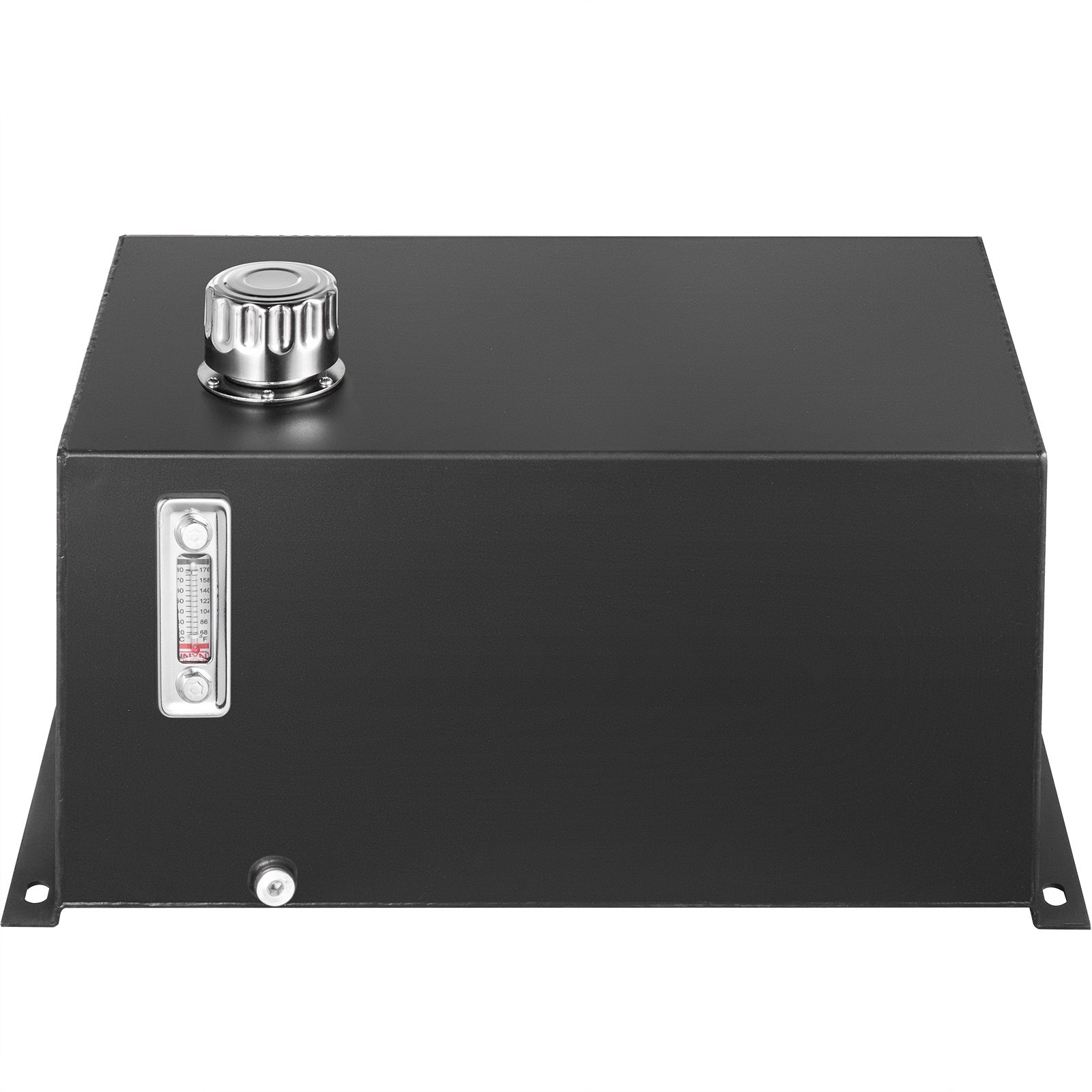black steel VEVOR hydraulic fluid tank with a silver cap and fluid level gauge.