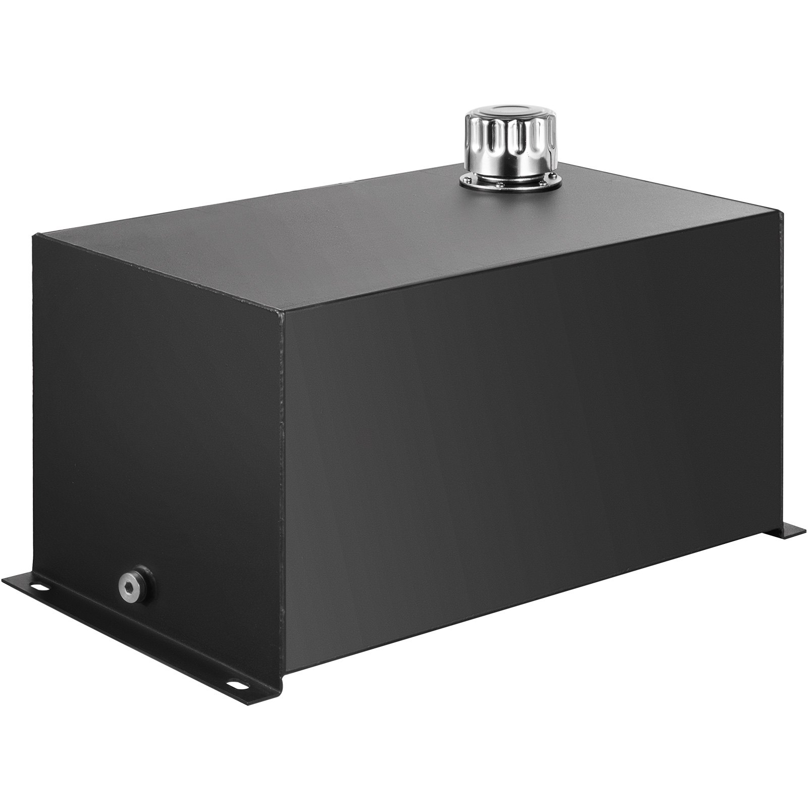 black VEVOR hydraulic fluid tank with silver cap, rectangular shape and mounting plate.