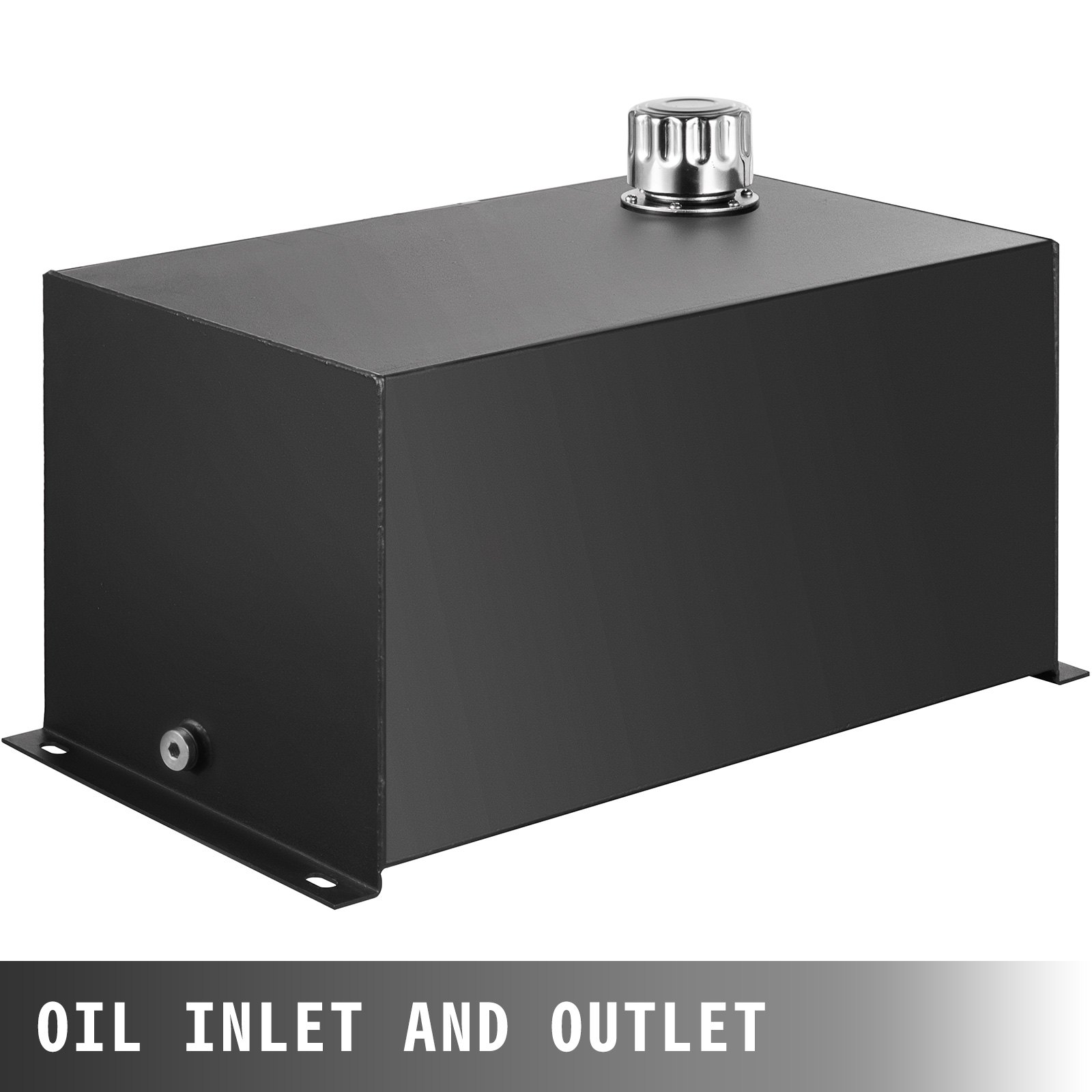 black VEVOR hydraulic fluid tank with metal cap and label &quot;oil inlet and outlet&quot;.
