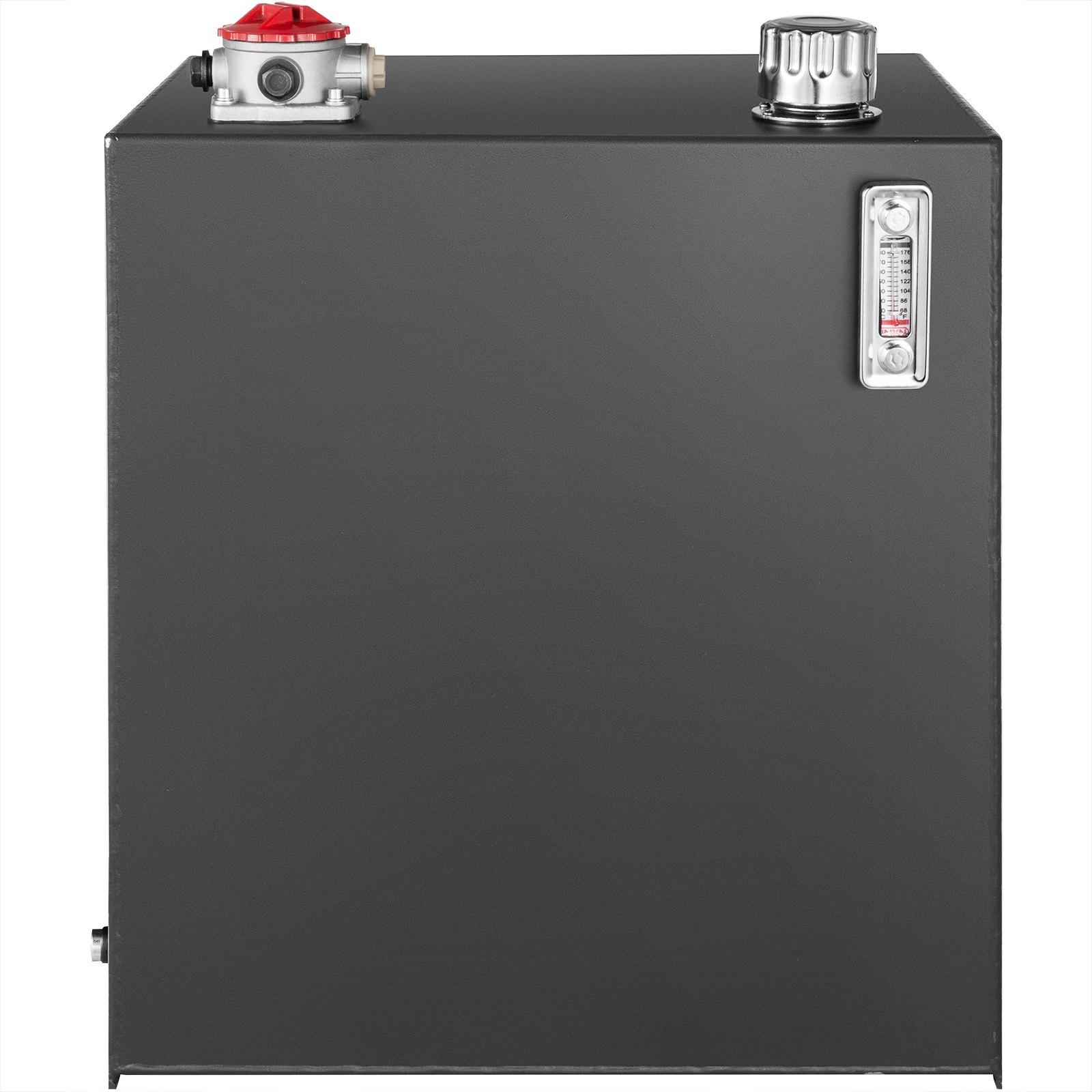 VEVOR hydraulic oil tank with gauge and two caps, black finish.