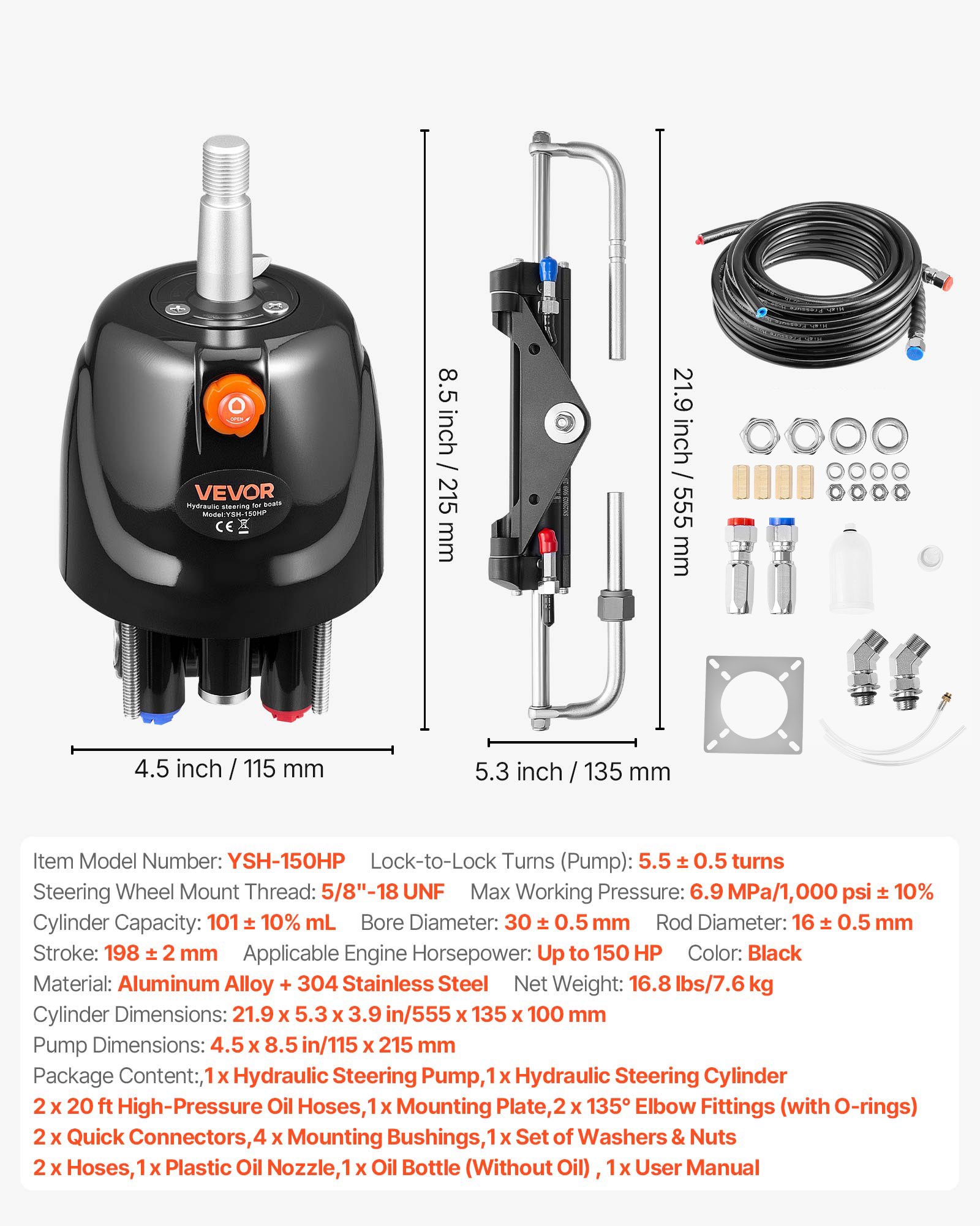 VEVOR Hydraulic Steering Kit, 150 HP, Marine Boat Hydraulic Steering System, with 6.9 MPa/1000 psi Helm Pump, Two-Way Lock Cylinder, and 7.32m High-Strength Hoses, for Single Station Single-Engine Use