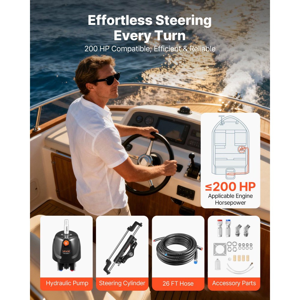 VEVOR Hydraulic Steering Kit, 200 HP, Marine Boat Hydraulic Steering System, with 6.9 MPa/1000 psi Helm Pump, Two-Way Lock Cylinder, and 26ft High-Strength Hoses, for Single Station, Single-Engine Use