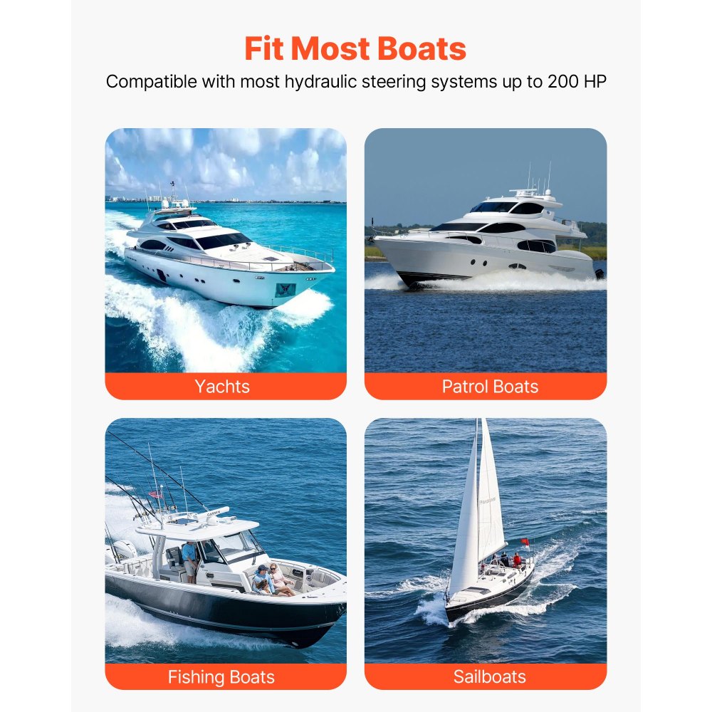 VEVOR Hydraulic Steering Kit, 200 HP, Marine Boat Hydraulic Steering System, with 6.9 MPa/1000 psi Helm Pump, Two-Way Lock Cylinder, and 26ft High-Strength Hoses, for Single Station, Single-Engine Use