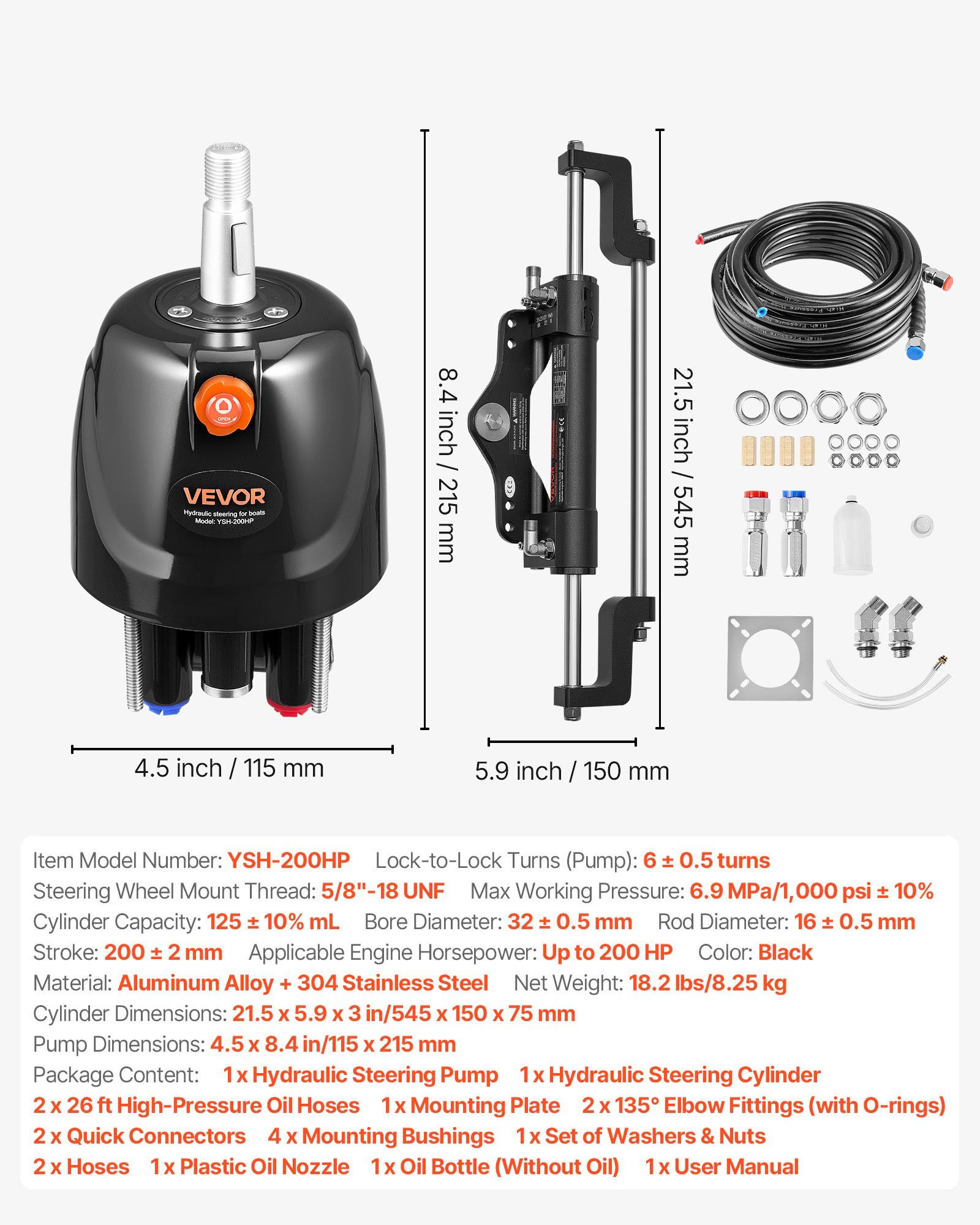 VEVOR Hydraulic Steering Kit, 200 HP, Marine Boat Hydraulic Steering System, with 6.9 MPa/1000 psi Helm Pump, Two-Way Lock Cylinder, and 26ft High-Strength Hoses, for Single Station, Single-Engine Use