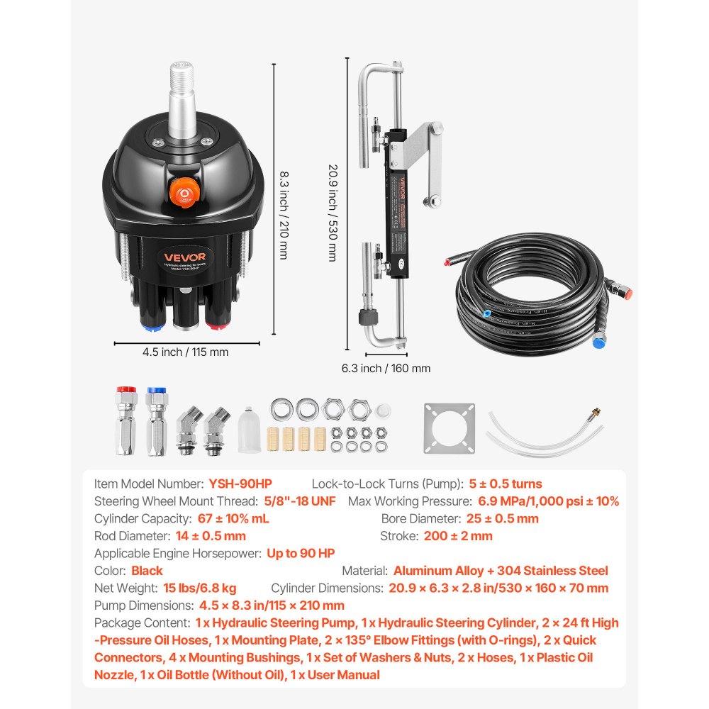 VEVOR Hydraulic Steering Kit, 90 HP, Marine Boat Hydraulic Steering System, with 6.9 MPa/1000 psi Helm Pump, Two-Way Lock Cylinder, and 7.32m High-Strength Hoses, for Single Station, Single-Engine Use