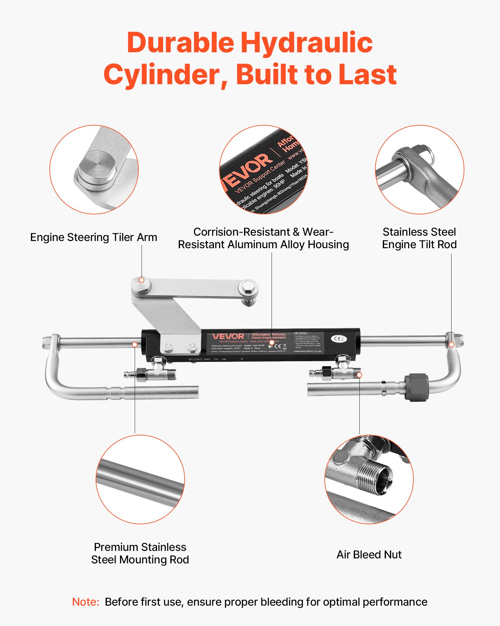 VEVOR Hydraulic Steering Kit, 90 HP, Marine Boat Hydraulic Steering System, with 6.9 MPa/1000 psi Helm Pump, Two-Way Lock Cylinder, and 7.32m High-Strength Hoses, for Single Station, Single-Engine Use