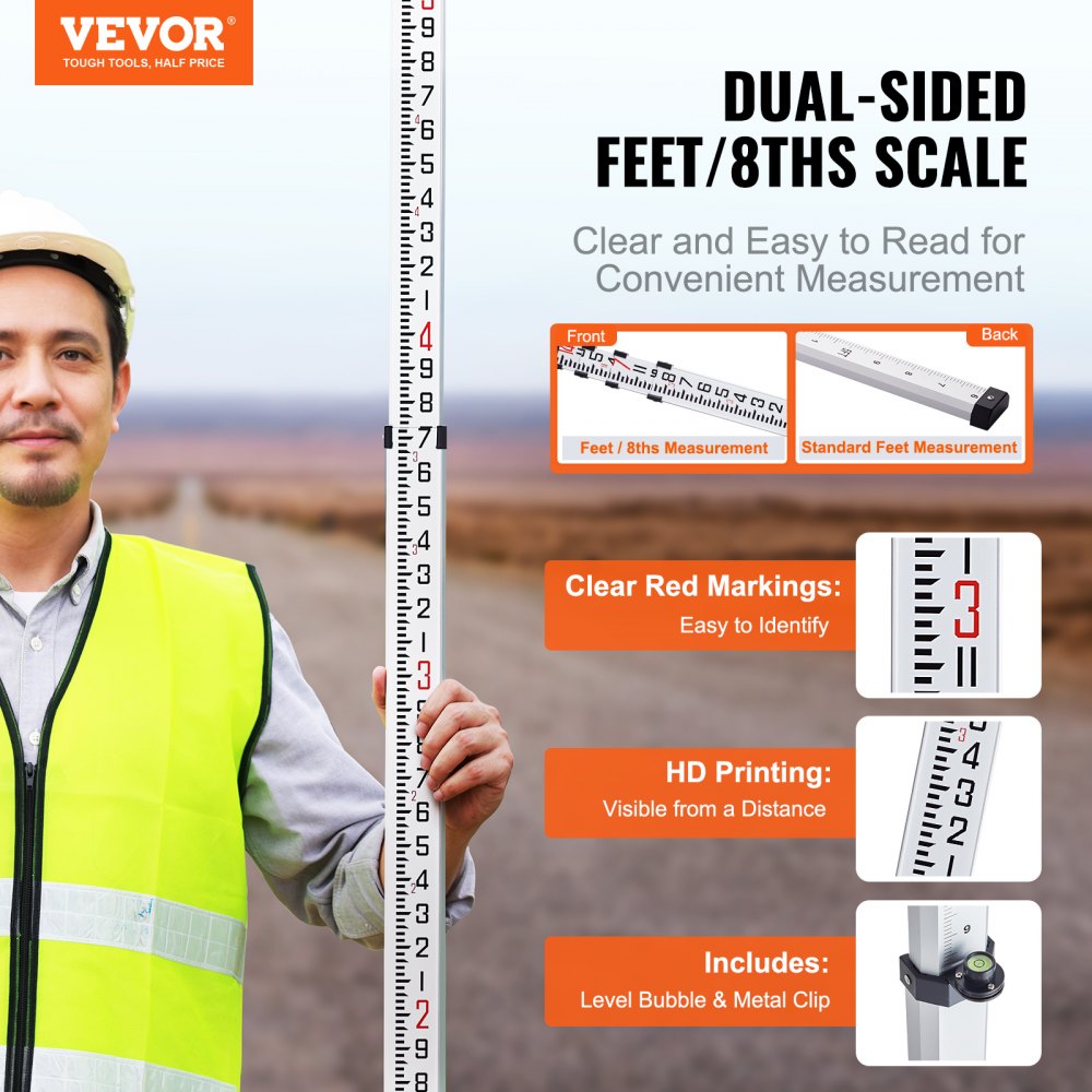 VEVOR Aluminum Grade Rod, 14-Feet/8ths 4 Sections Telescopic Measuring Rod, Double-Sided Scale 1/8in Leveling Rod Stick, Aluminum Alloy Survey Rod w/ Bubble Level &Carrying Bag for Houses,Walls,Floors
