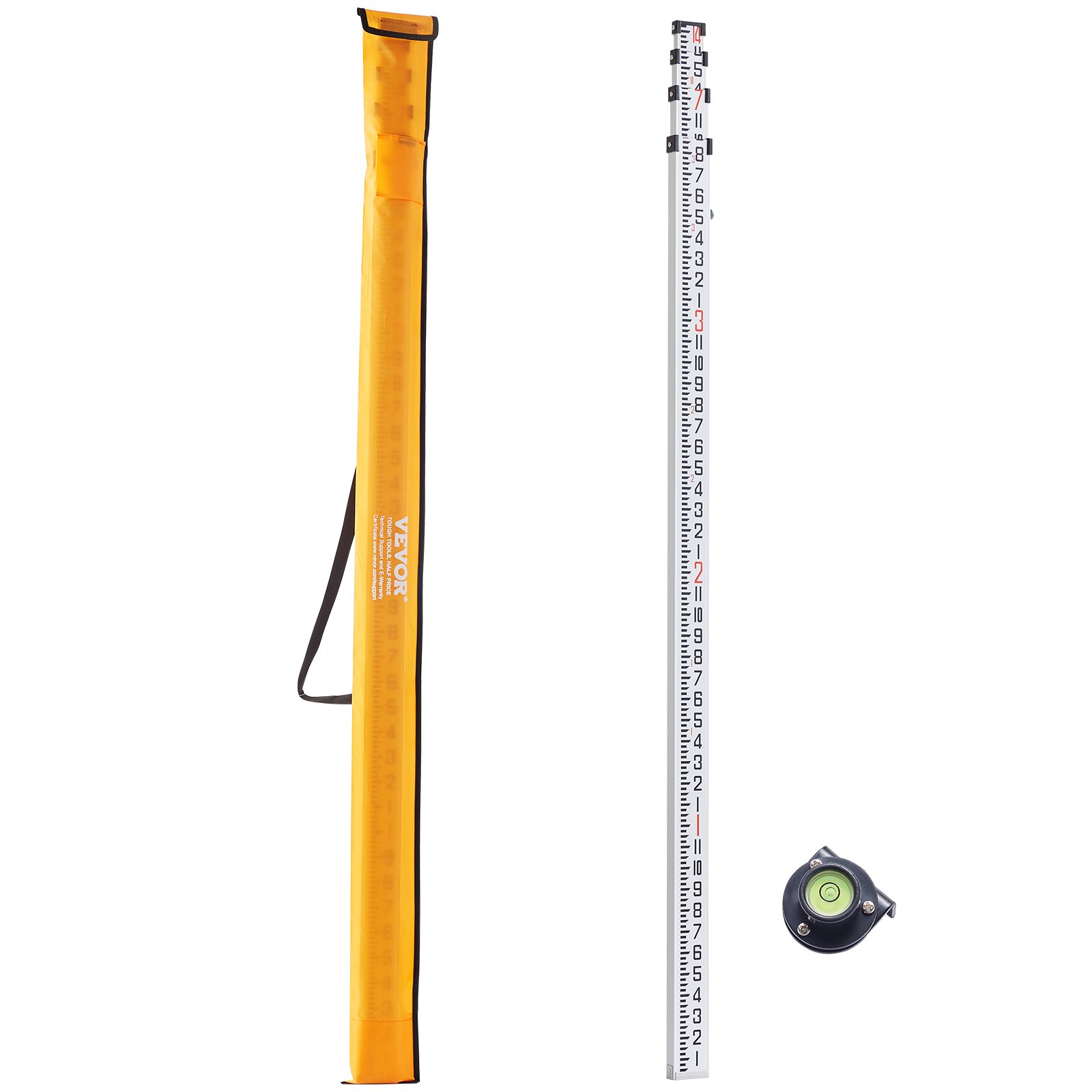 VEVOR Aluminum Grade Rod, 14-Feet/8ths 4 Sections Telescopic Measuring Rod, Double-Sided Scale 1/8in Leveling Rod Stick, Aluminum Alloy Survey Rod w/ Bubble Level &Carrying Bag for Houses,Walls,Floors