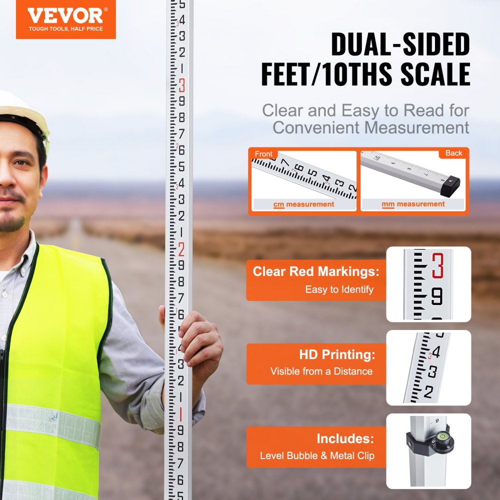 VEVOR Aluminum Grade Rod, 16-Feet/10ths 4 Sections Telescopic Measuring Rod,Double-Sided Scale 1/10ft Leveling Rod Stick,Aluminum Alloy Survey Rod w/ Bubble Level &Carrying Bag for Houses,Walls,Floors
