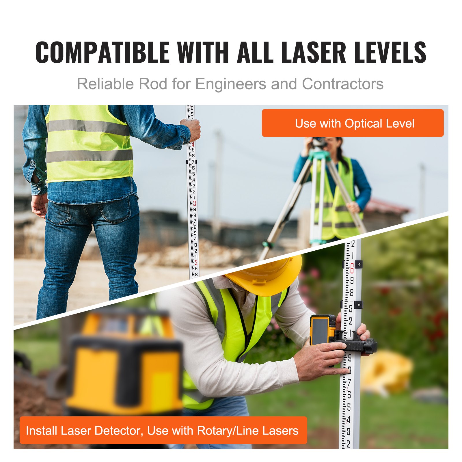 VEVOR Aluminum Grade Rod, 16-Feet/10ths 4 Sections Telescopic Measuring Rod,Double-Sided Scale 1/10ft Leveling Rod Stick,Aluminum Alloy Survey Rod w/ Bubble Level &Carrying Bag for Houses,Walls,Floors