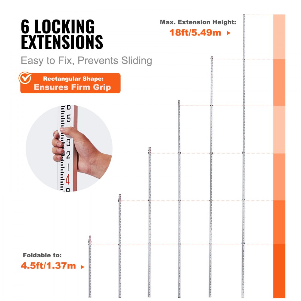 VEVOR Aluminum Grade Rod, 18-Feet/10ths 6 Sections Telescopic Measuring Rod,Double-Sided Scale 1/10ft Leveling Rod Stick,Aluminum Alloy Survey Rod w/ Bubble Level &Carrying Bag for Houses,Walls,Floors