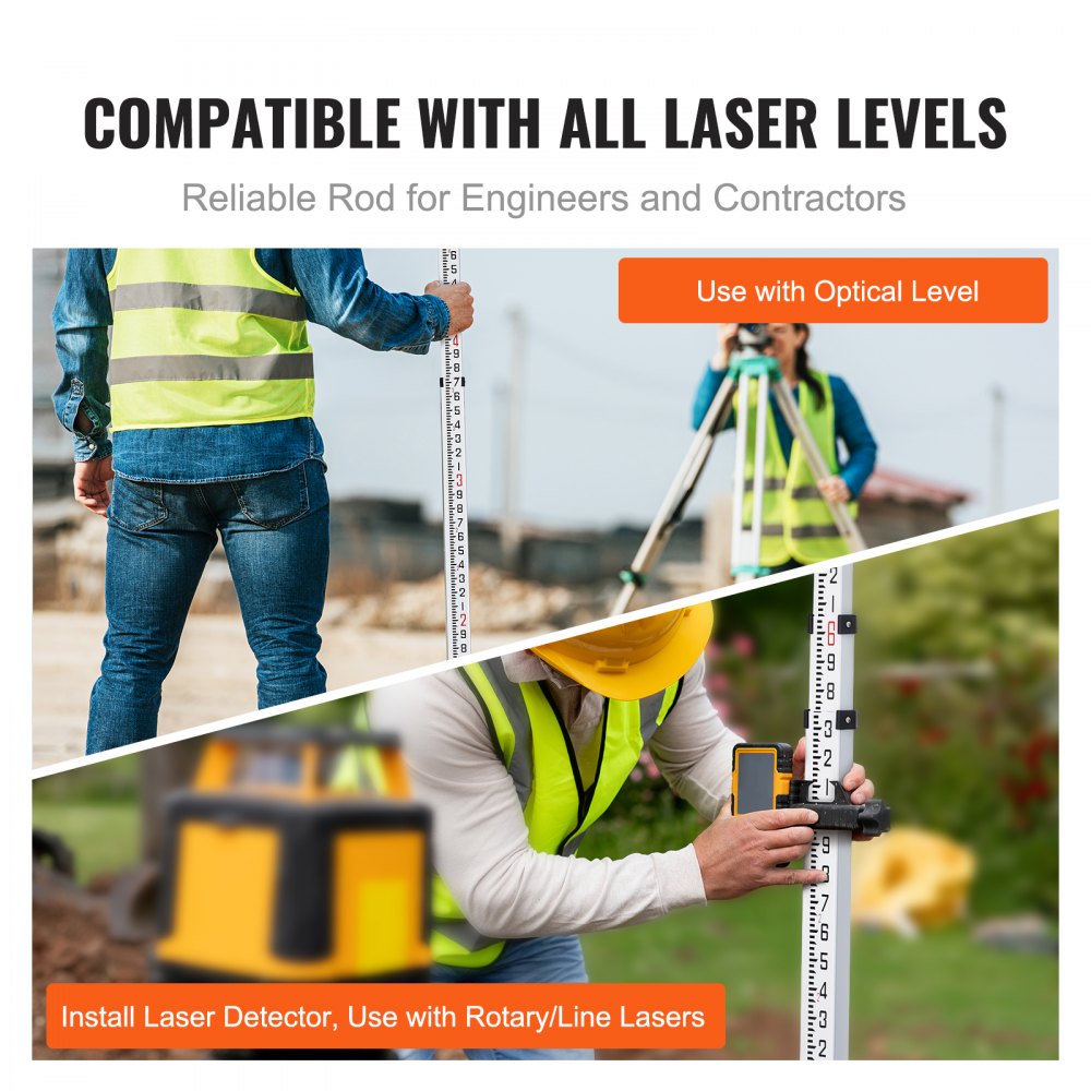 VEVOR Aluminum Grade Rod, 18-Feet/10ths 6 Sections Telescopic Measuring Rod,Double-Sided Scale 1/10ft Leveling Rod Stick,Aluminum Alloy Survey Rod w/ Bubble Level &Carrying Bag for Houses,Walls,Floors