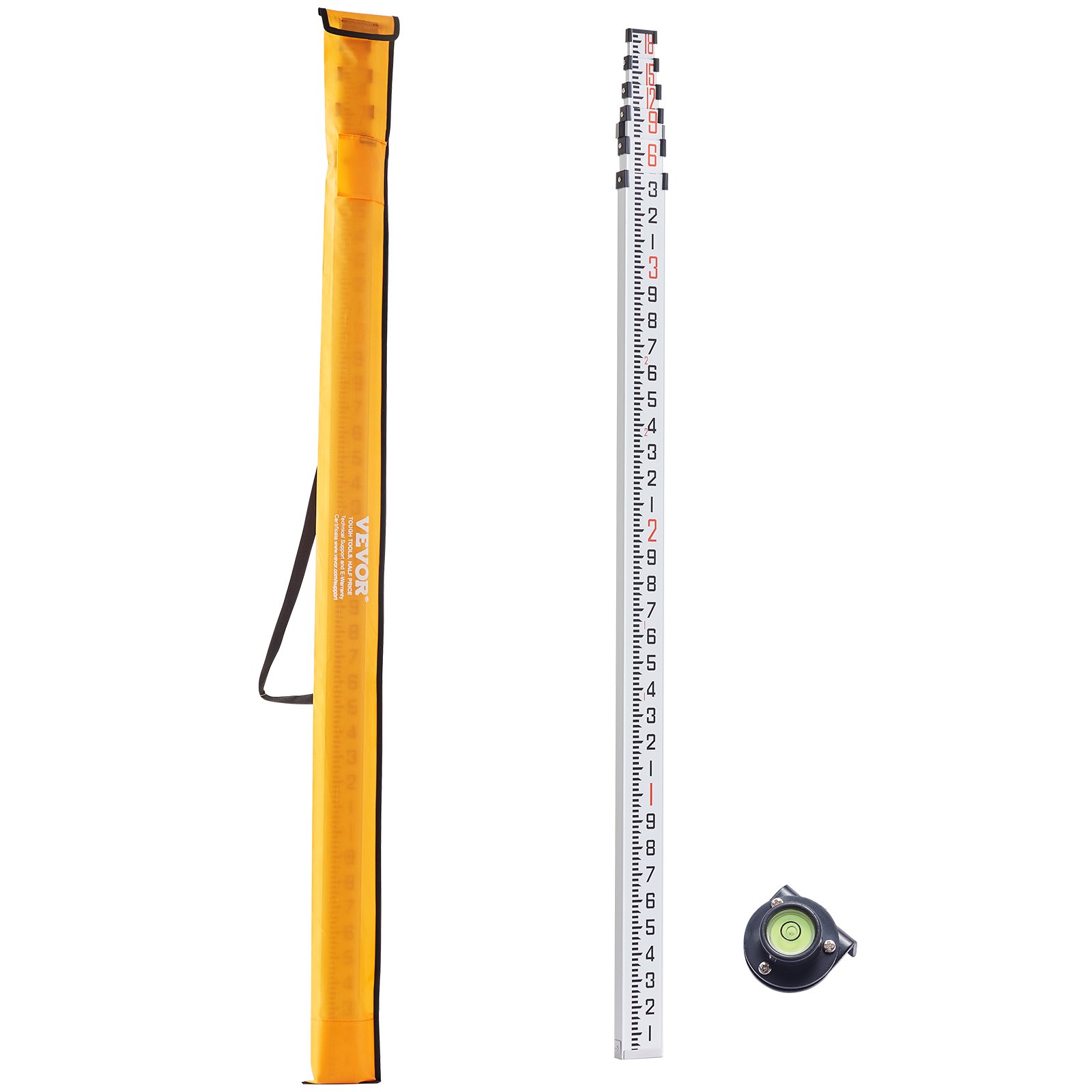 VEVOR Aluminum Grade Rod, 18-Feet/10ths 6 Sections Telescopic Measuring Rod,Double-Sided Scale 1/10ft Leveling Rod Stick,Aluminum Alloy Survey Rod w/ Bubble Level &Carrying Bag for Houses,Walls,Floors