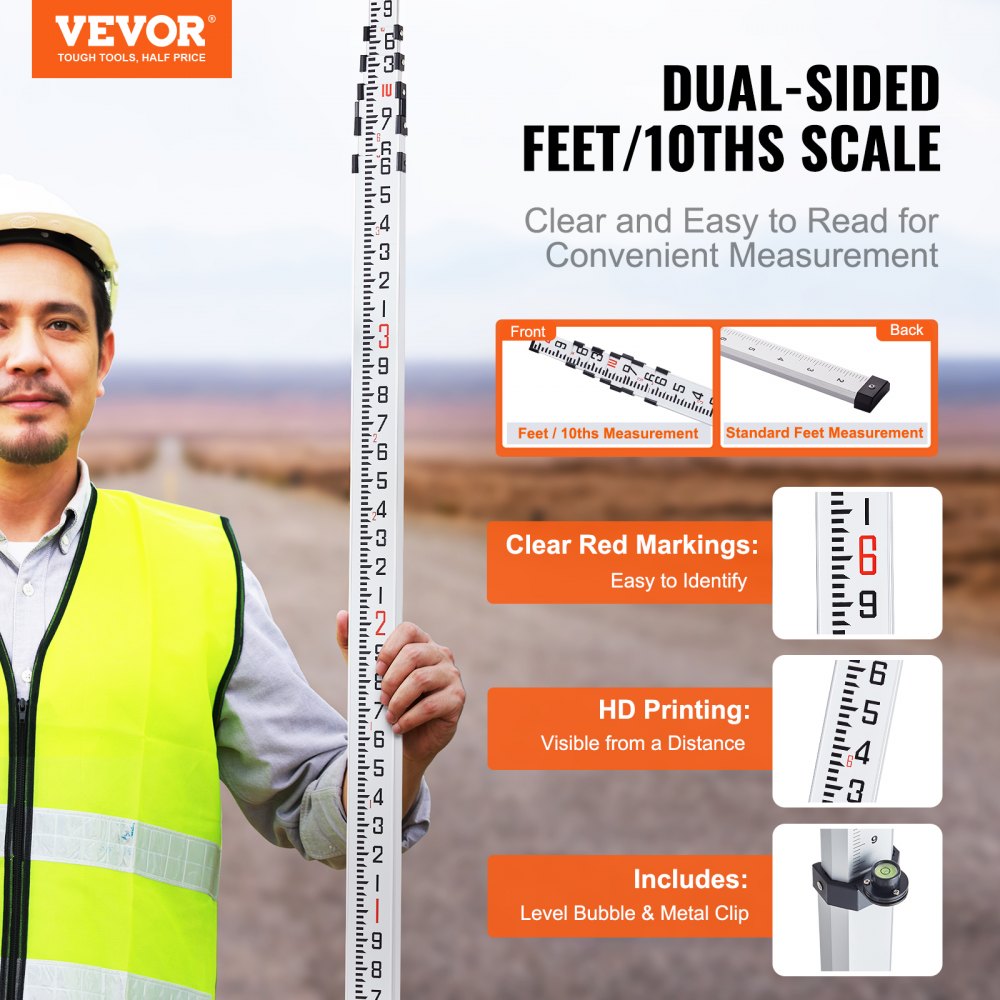 VEVOR Aluminum Grade Rod, 20-Feet/10ths 6 Sections Telescopic Measuring Rod,Double-Sided Scale 1/10ft Leveling Rod Stick, Aluminum Alloy Survey Rod w/ Bubble Level &Carrying Bag for Houses,Walls,Floor