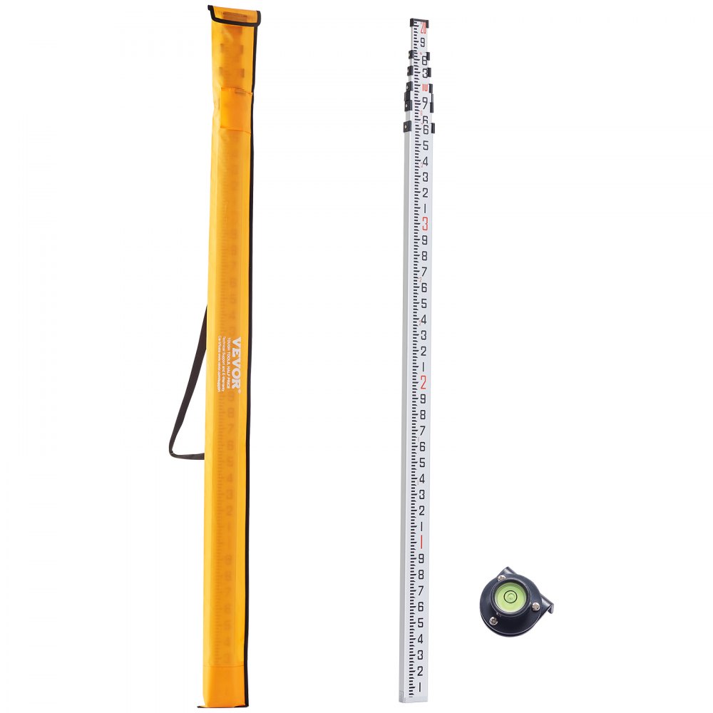 VEVOR telescopic measuring rod, casing, and level, isolated on white background.