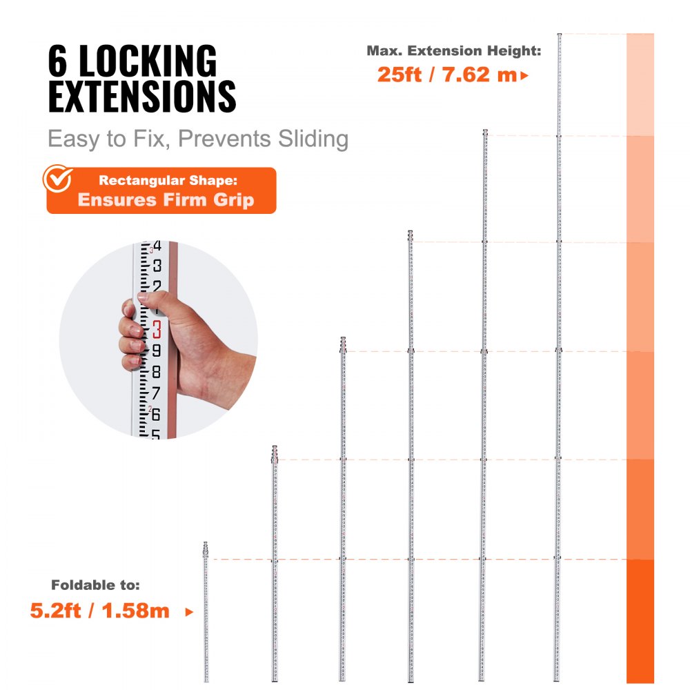 VEVOR Aluminum Grade Rod, 25-Feet/10ths 6 Sections Telescopic Measuring Rod,Double-Sided Scale 1/10ft Leveling Rod Stick,Aluminum Alloy Survey Rod w/ Bubble Level &Carrying Bag for Houses,Walls,Floors