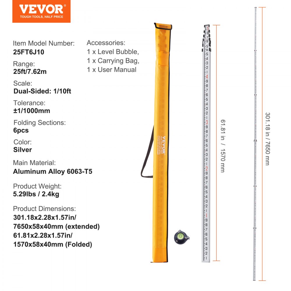 VEVOR Aluminum Grade Rod, 25-Feet/10ths 6 Sections Telescopic Measuring Rod,Double-Sided Scale 1/10ft Leveling Rod Stick,Aluminum Alloy Survey Rod w/ Bubble Level &Carrying Bag for Houses,Walls,Floors