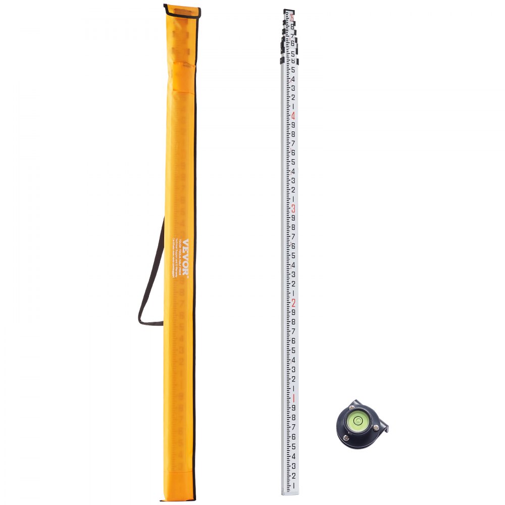 VEVOR Aluminum Grade Rod, 25-Feet/10ths 6 Sections Telescopic Measuring Rod,Double-Sided Scale 1/10ft Leveling Rod Stick,Aluminum Alloy Survey Rod w/ Bubble Level &Carrying Bag for Houses,Walls,Floors