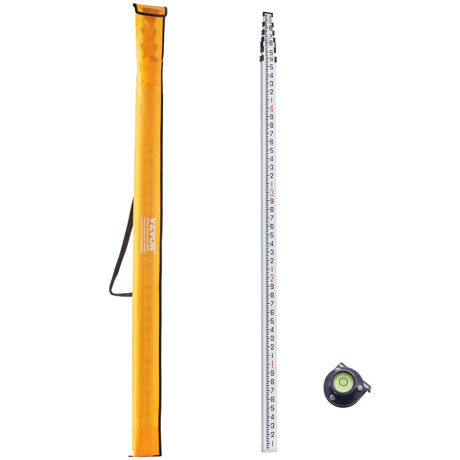 VEVOR Aluminum Grade Rod, 25-Feet/10ths 6 Sections Telescopic Measuring Rod,Double-Sided Scale 1/10ft Leveling Rod Stick,Aluminum Alloy Survey Rod w/ Bubble Level &Carrying Bag for Houses,Walls,Floors