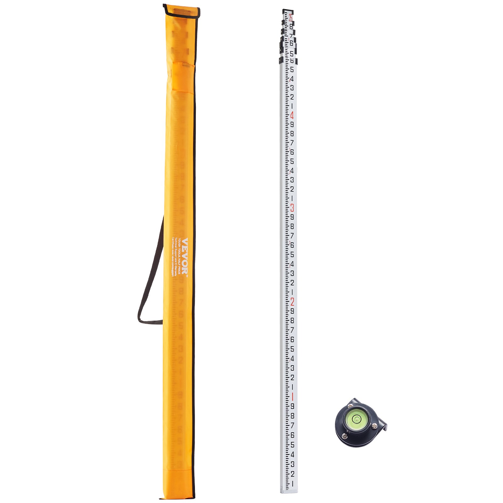 VEVOR Aluminum Grade Rod, 25-Feet/10ths 6 Sections Telescopic Measuring Rod,Double-Sided Scale 1/10ft Leveling Rod Stick,Aluminum Alloy Survey Rod w/ Bubble Level &Carrying Bag for Houses,Walls,Floors