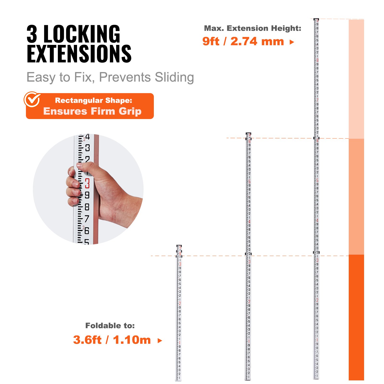 VEVOR Aluminum Grade Rod, 9-Feet/10ths 3 Sections Telescopic Measuring Rod,Double-Sided Scale 1/10ft Leveling Rod Stick,Aluminum Alloy Survey Rod with Bubble Level&Carrying Bag for Houses,Walls,Floors