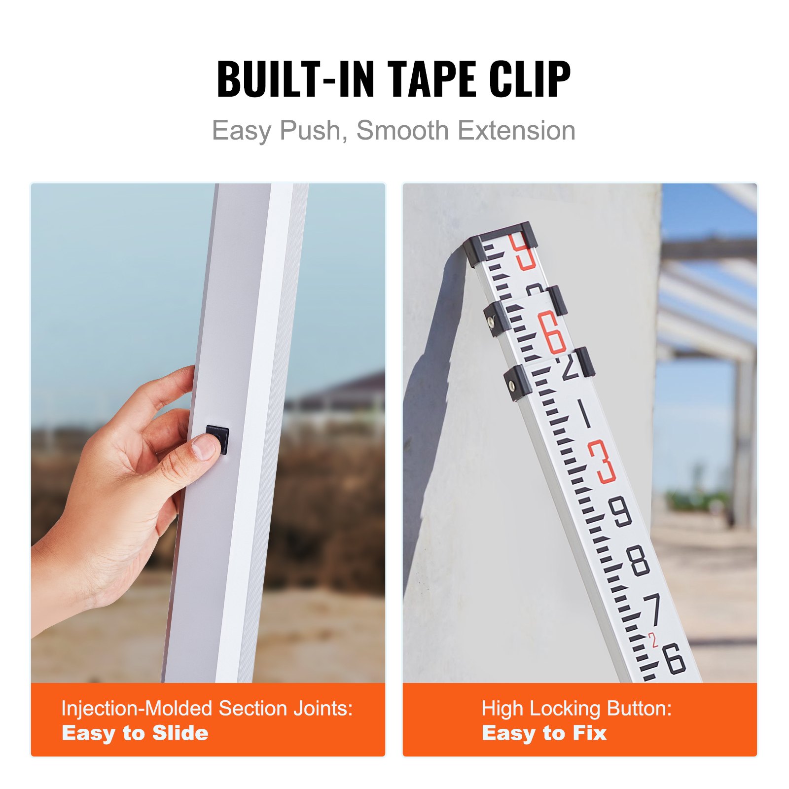 VEVOR Aluminum Grade Rod, 9-Feet/10ths 3 Sections Telescopic Measuring Rod,Double-Sided Scale 1/10ft Leveling Rod Stick,Aluminum Alloy Survey Rod with Bubble Level&Carrying Bag for Houses,Walls,Floors