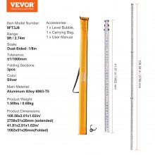 VEVOR Aluminum Grade Rod, 9-Feet/8ths 3 Sections Telescopic Measuring Rod, Double-Sided Scale 1/8in Leveling Rod Stick,Aluminum Alloy Survey Rod with Bubble Level &Carrying Bag for Houses,Walls,Floors