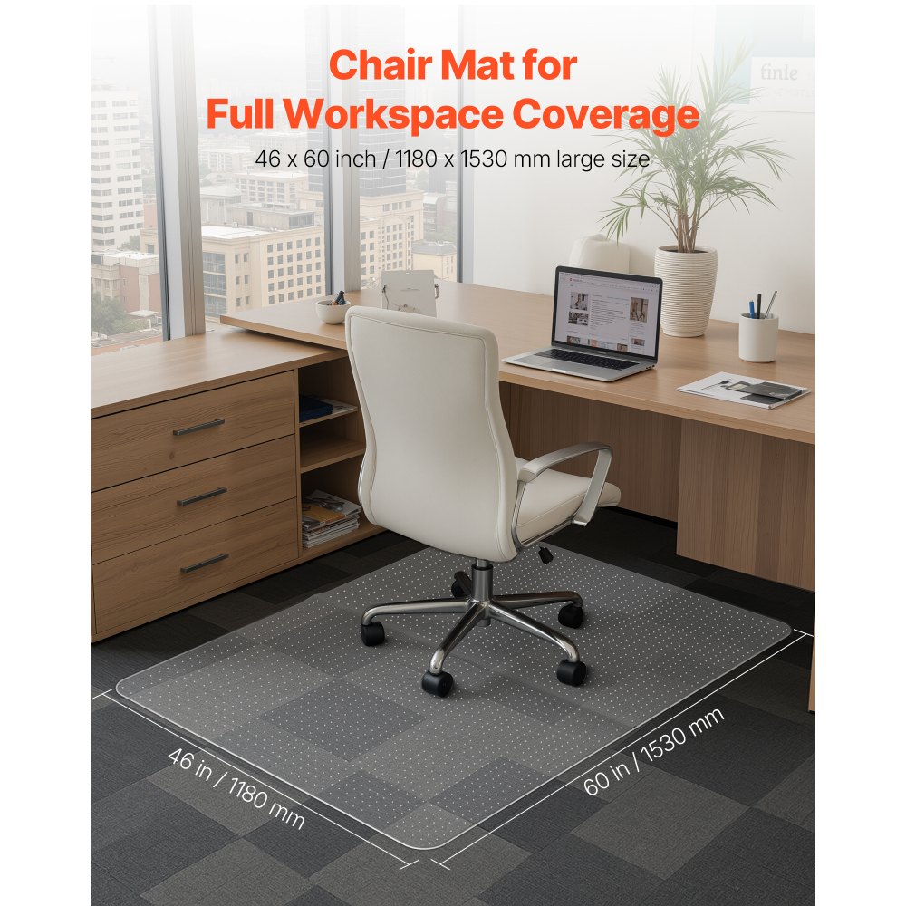 VEVOR Chair Mat, 153 x 118 cm Office Chair Mat for Low Pile Carpeted Floors, Clear Floor Protector Rug with Studded, Non-Slip & Easy to Clean, Smooth Glide Under Desk Rug for Home Office (Rectangular)