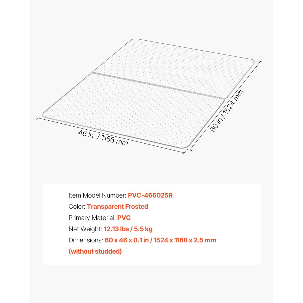 VEVOR Chair Mat, 153 x 118 cm Office Chair Mat for Low Pile Carpeted Floors, Clear Floor Protector Rug with Studded, Non-Slip & Easy to Clean, Smooth Glide Under Desk Rug for Home Office (Rectangular)